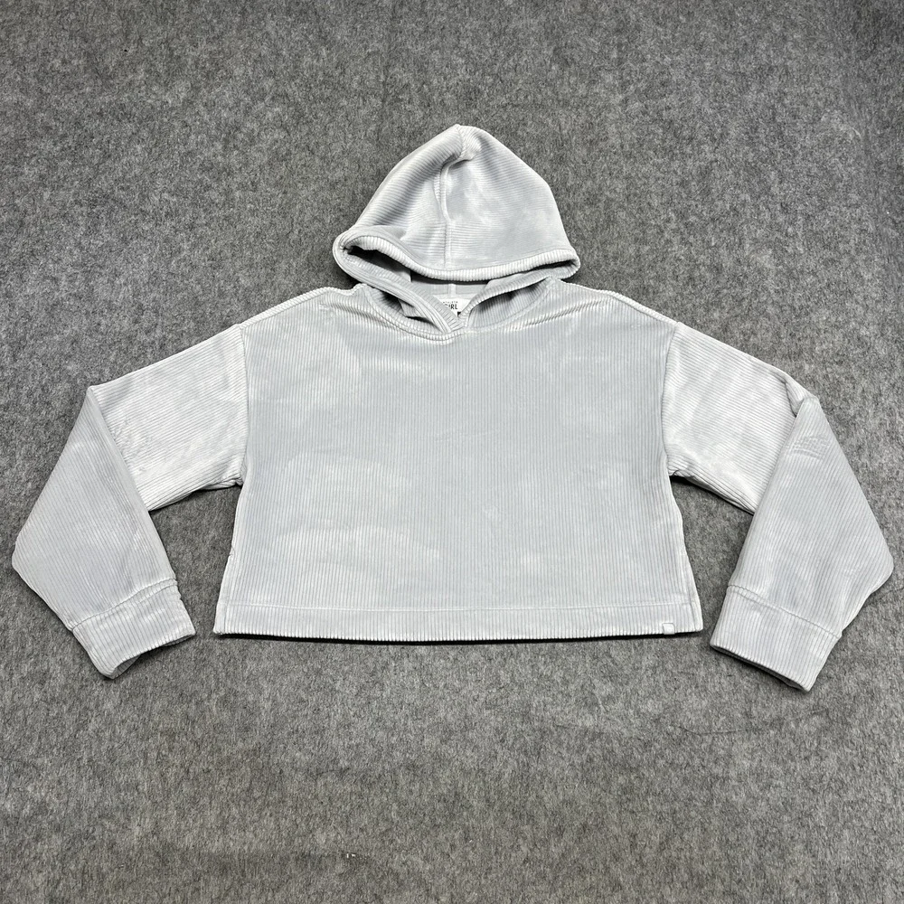 Athleta Girl‎ Hoodie Girls XL Gray Velour V Neck Long Sleeve Pullover Cropped